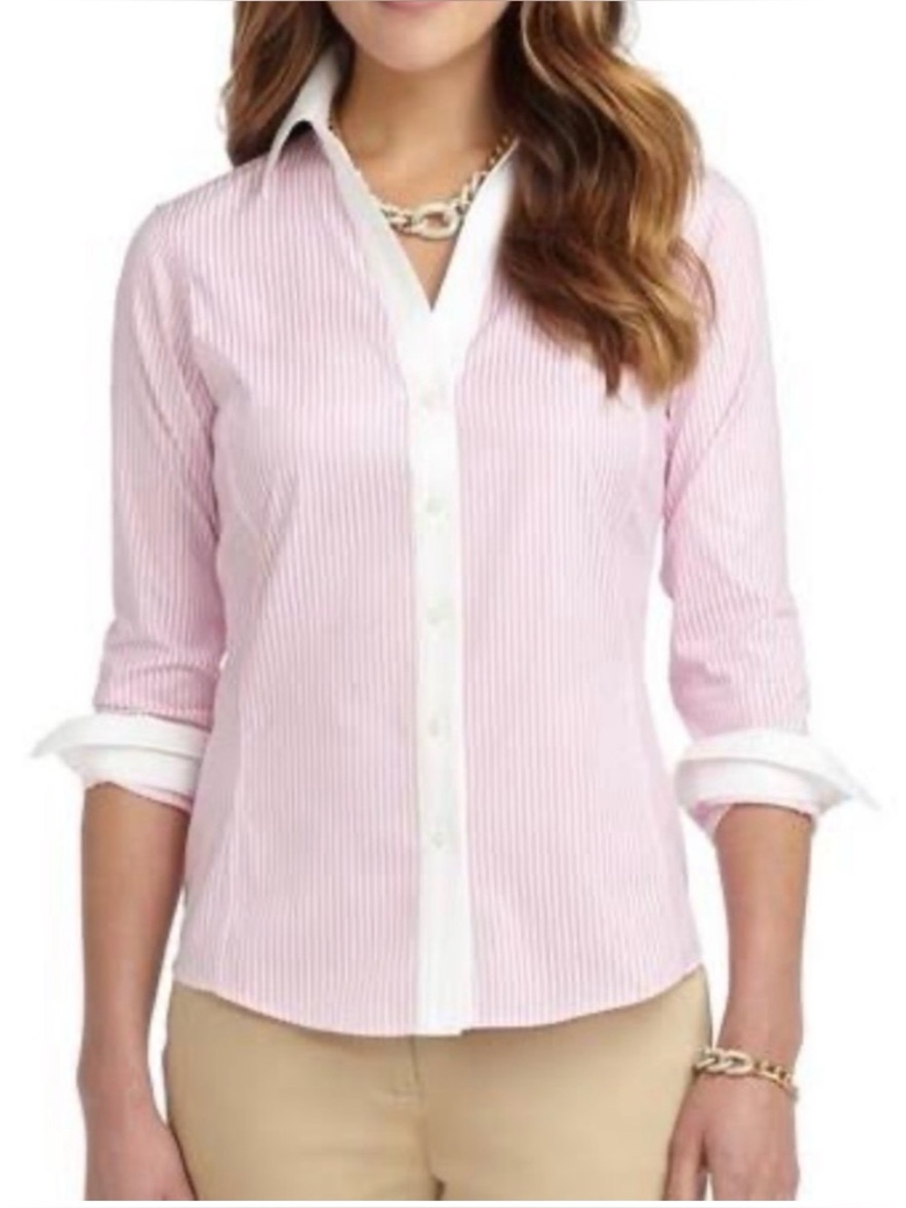 Brooks Brothers Pink Stripe Fitted Non-Iron Dress Shirt with White Collar size 8